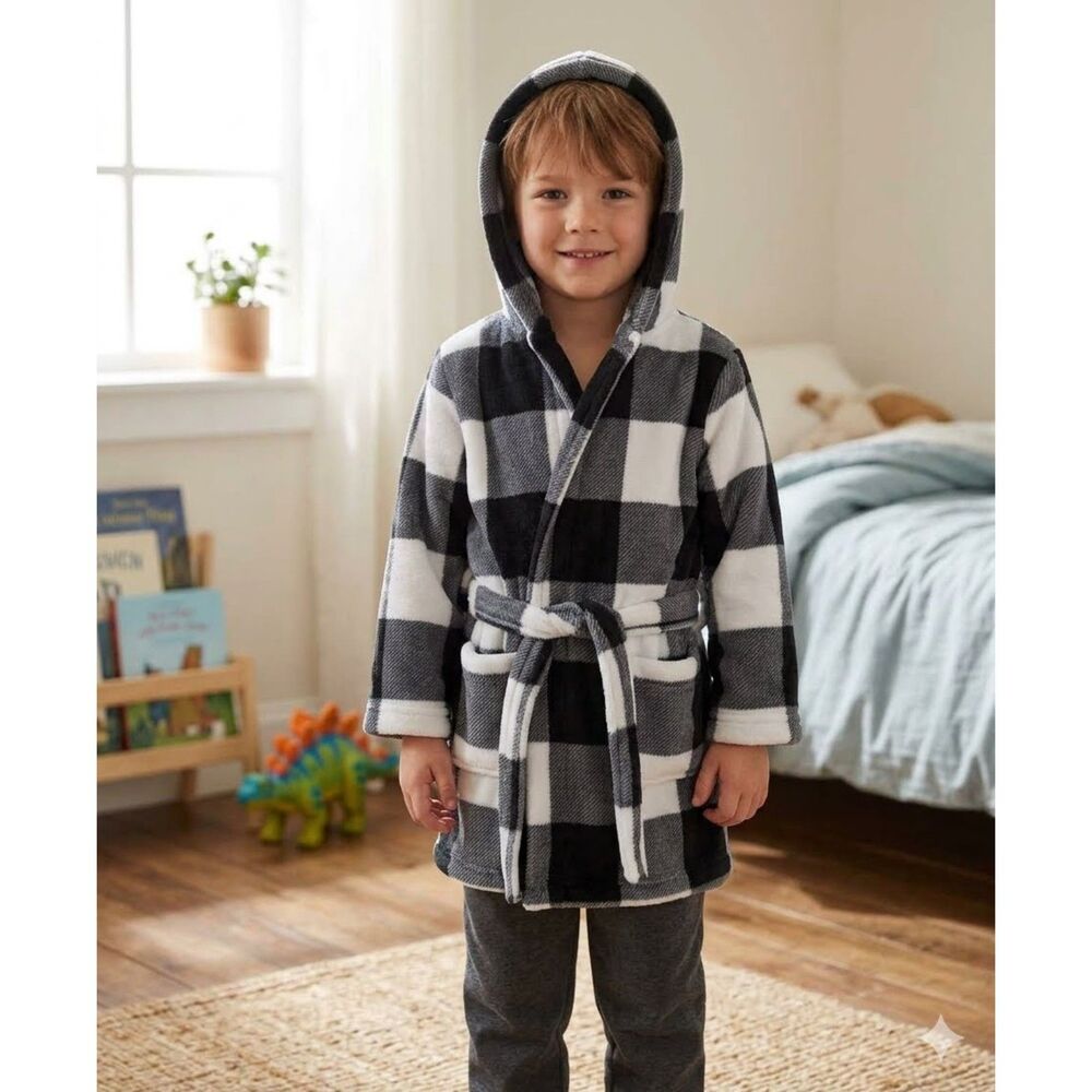 Tucker + Tate Robe Kids Size 4 Black White Buffalo Plaid Tie Cozy Sleepwear